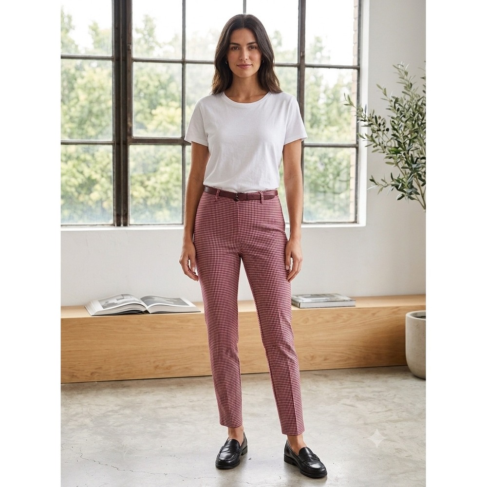Loft Ankle Pants Women 10 Red Gingham Check Slim Fit Stretch Tapered Trousers